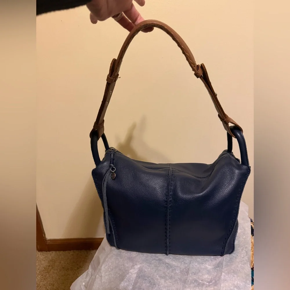 The Sak Navy Blue Leather Hobo with Brown Handle